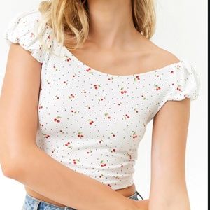 CHERRY PRINT OFF-THE-SHOULDER TOP